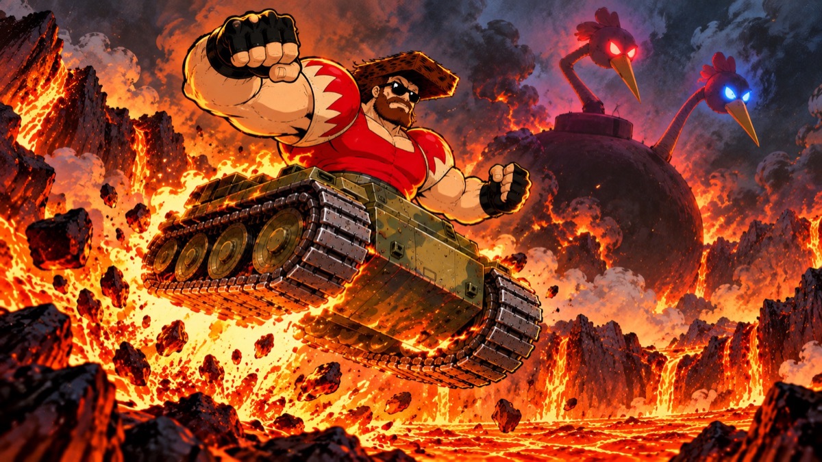 Tank Bro leaps over lava at the two-headed Bomb Bird boss.