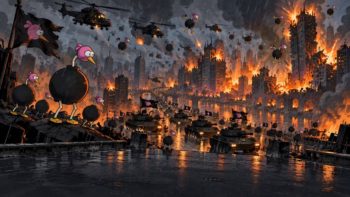 A city burning in the rain as Bomb Birds swarm the streets.