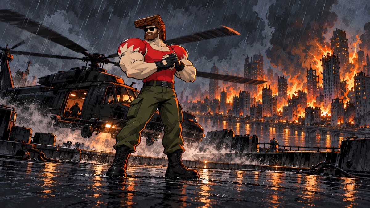 The commando on a rooftop in the rain, cracking his knuckles.