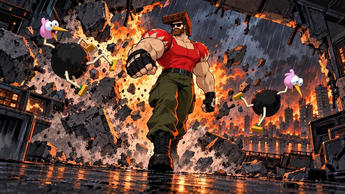 The commando bursts through the command tower's wall.