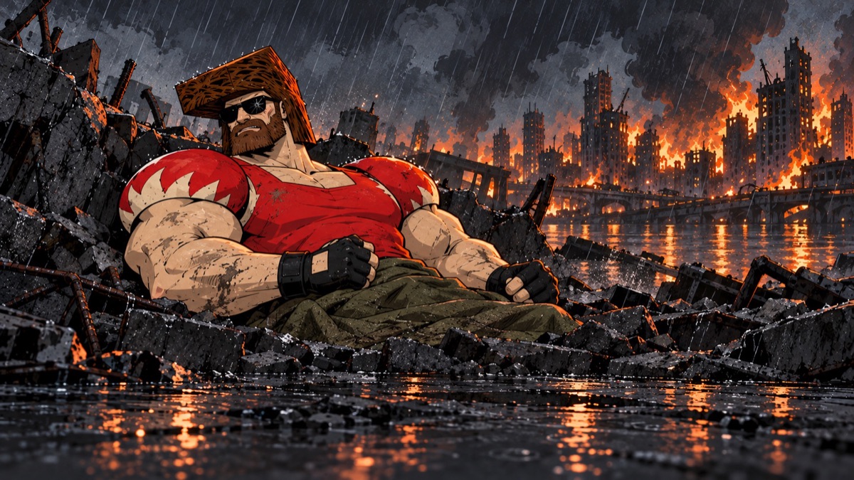 The commando in the rubble, sunglasses cracked, still frowning.