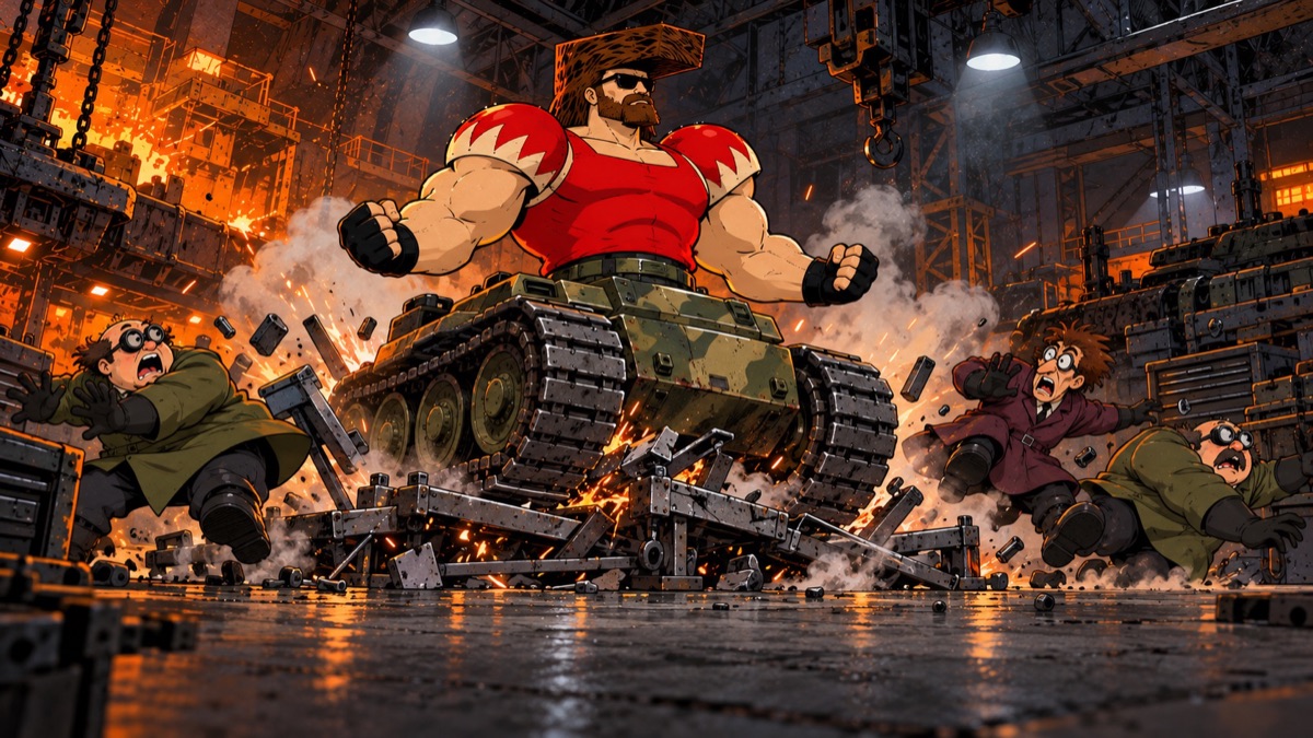 Tank Bro bursts out of the army lab on his new treads while scientists dive for cover.